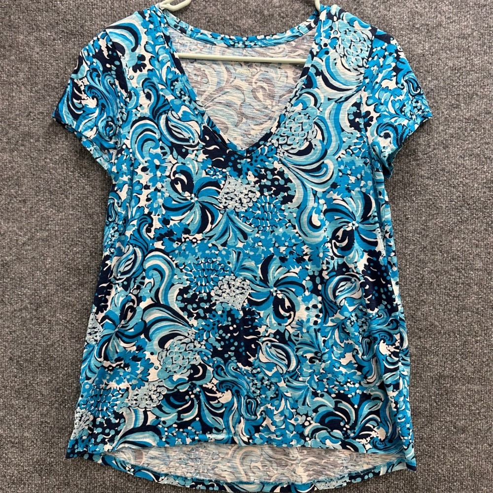 Lilly Pulitzer Cotton V-Neck Top Blue White Floral Paisley Short Sleeve Tee, S